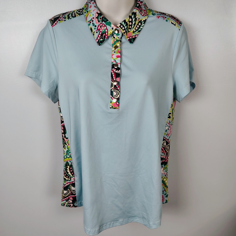 Jack Smith Womens M Paisley Trim Golf Polo Shirt Light Blue Sporty Golfcore - Picture 2 of 6